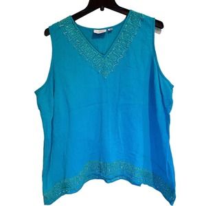 Avenue Women’s Tank Top Size 26/28 Teal Blue Embroidered Plus Size Cotton